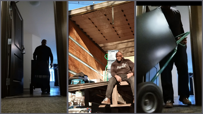 Kenny Hopkins sitting in the back of a moving truck alongside photos of him moving furniture during his moving company journey.