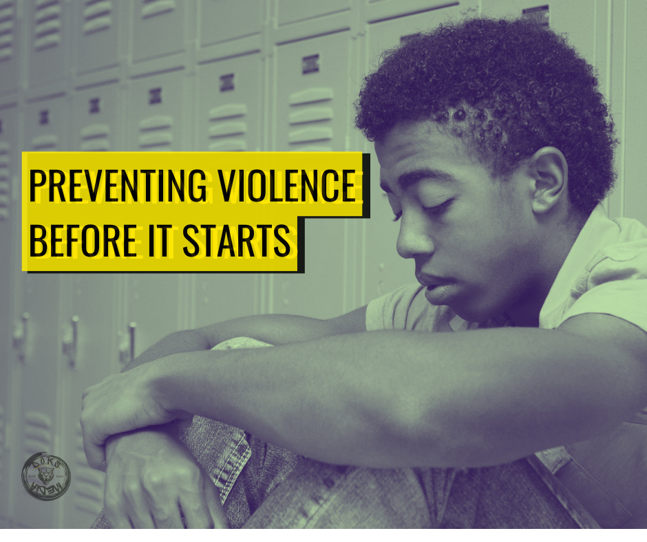 A young man sits alone in a school hallway with his head down against a row of lockers. Bold yellow text reads, "Preventing Violence Before It Starts." The image promotes early intervention, youth mental health, mentorship, and violence prevention.
