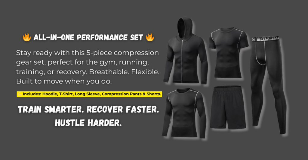 Banner image of a five-piece men's black compression set including a hoodie, long sleeve, t-shirt, compression pants, and shorts. Text highlights performance benefits like breathability, flexibility, and recovery support.
