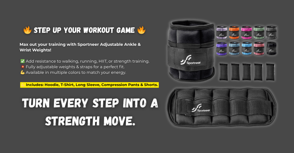 Banner image showcasing Sportneer adjustable ankle and wrist weights in various colors with removable weight inserts. Text emphasizes resistance training and full adjustability.