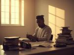 Young Black man writing in a notebook at a desk filled with books, with sunlight streaming through a window.