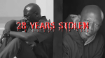A split image showing a man in prison clothing sitting in despair on the left and the same man older and free on the right, with bold red dripping text reading “28 Years Stolen.”