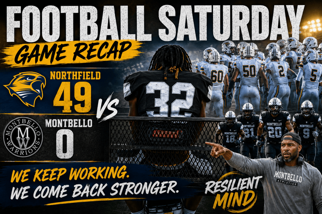 Football Saturday recap thumbnail featuring Northfield and Montbello football players, a 49–0 final score, team logos, and the message “We Keep Working. We Come Back Stronger.”