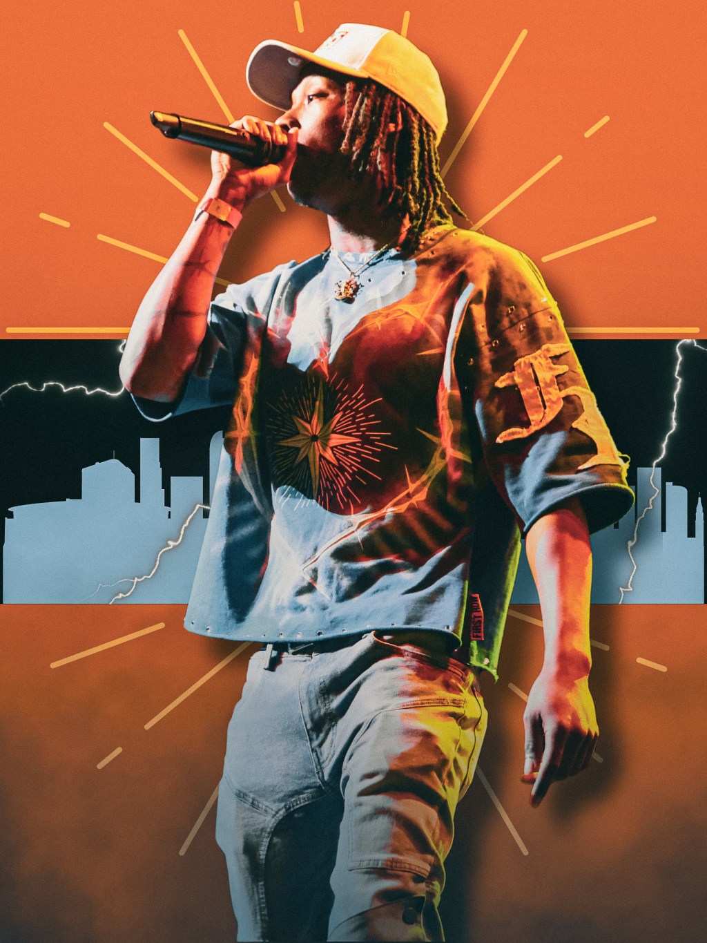 Denver hip-hop artist performing live onstage, transformed into colorful orange graphic art by Denver photographer Kenny Hopkins.