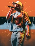 Denver hip-hop artist performing live onstage, transformed into colorful orange graphic art by Denver photographer Kenny Hopkins.