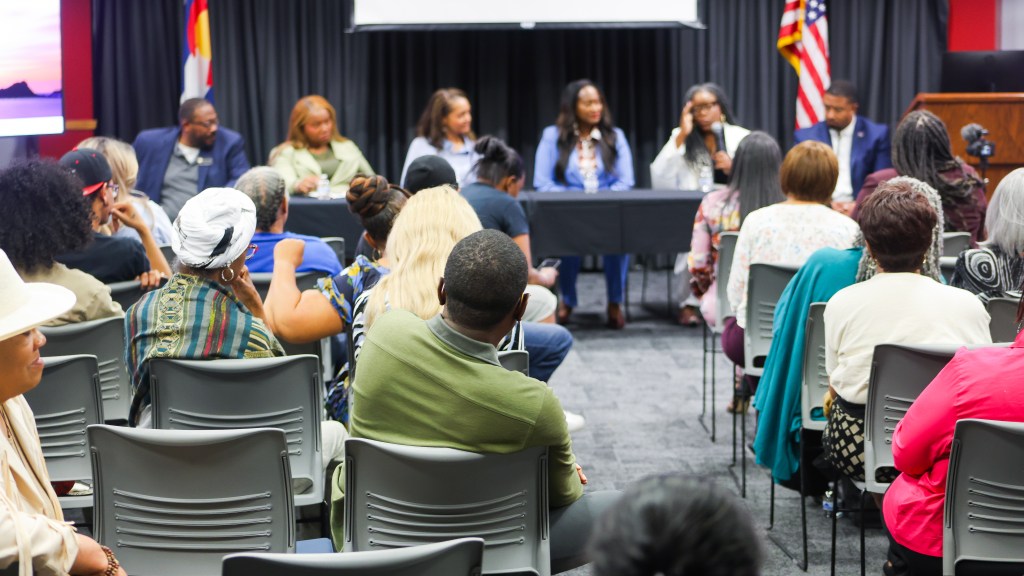Residents and Colorado Black Caucus members attending a community discussion led by Brother Jeff in Aurora.